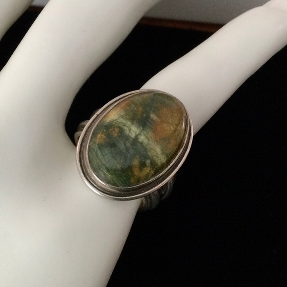 Vintage Jasper Cabochon & Silver Ring Stamped Sterling Circle M - Louis J. Meyer - Picture 5 of 9